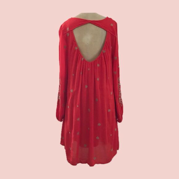 Free People Red Embroidered Cutout Long Sleeve Boho Mini Dress - M L - Picture 4 of 9